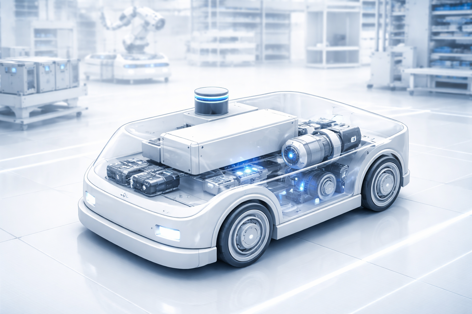 3D rendered AGV drive system banner showing a semi-transparent autonomous guided vehicle in a modern warehouse environment